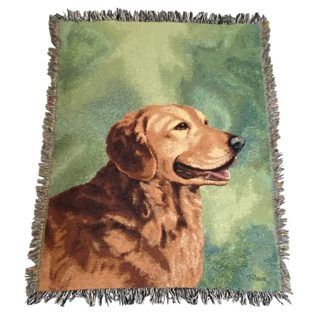Vintage Golden Retriever Dog Woven Tapestry Throw Blanket Afghan Fringe Forest